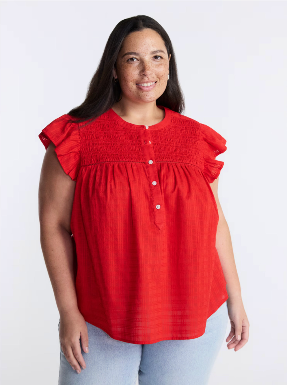 Terra & Sky Womens Plus Size 0X Smocked Yoke Top Flutter Sleeve Shirt Red Floral